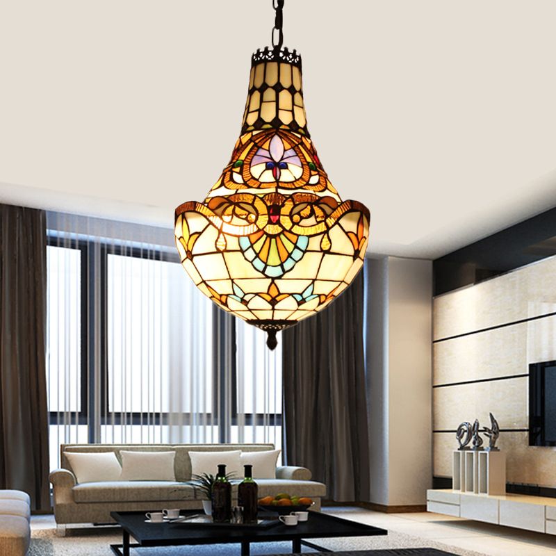 Domed Chandelier Pendant Light Tiffany Stained Glass Multi-Color Pendant Chandelier