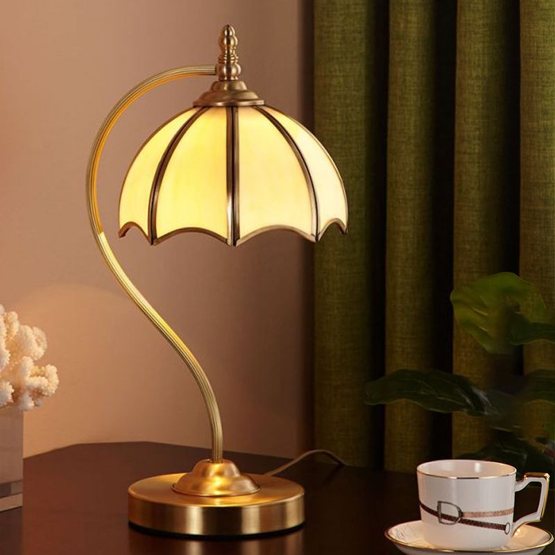 Simplicity Umbrella Shaped Table Lamp 1 Head Frosted Glass Night Lighting with Gooseneck Arm in Brass