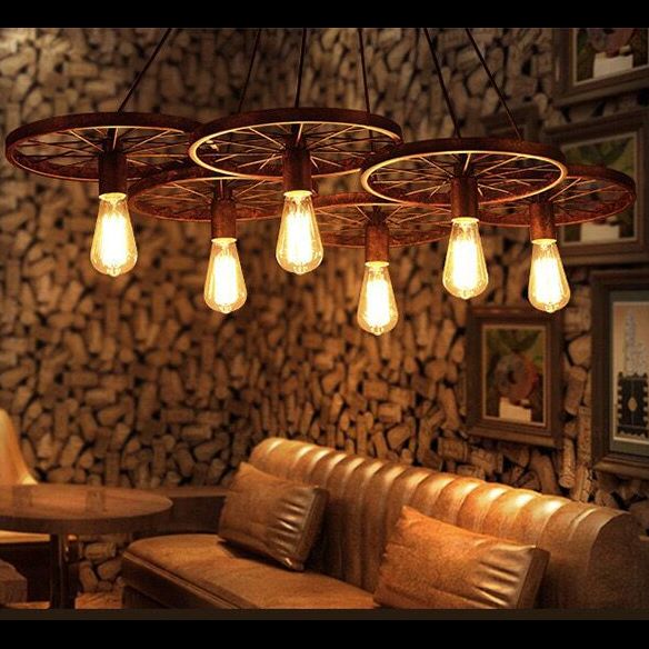 Metal Hanging Pendant Light Vintage Style Black Wagon Wheel Coffee Shop Suspension Lamp