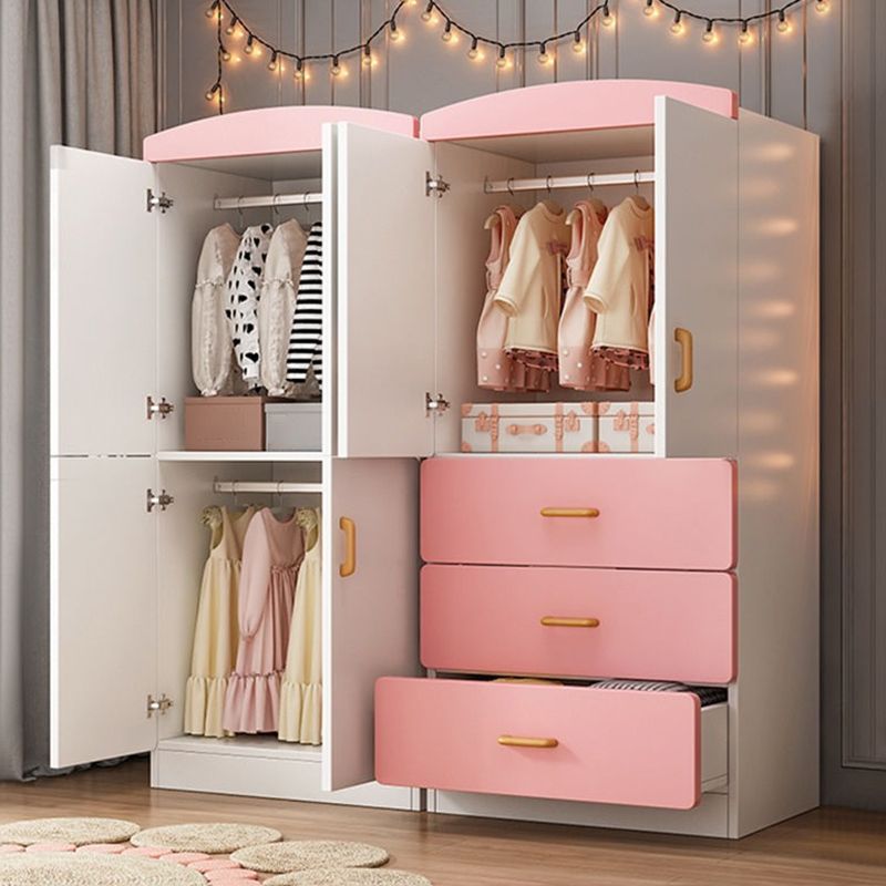 White and Pink Kids Armoire Modern Style Kids Closet with Garment Rod