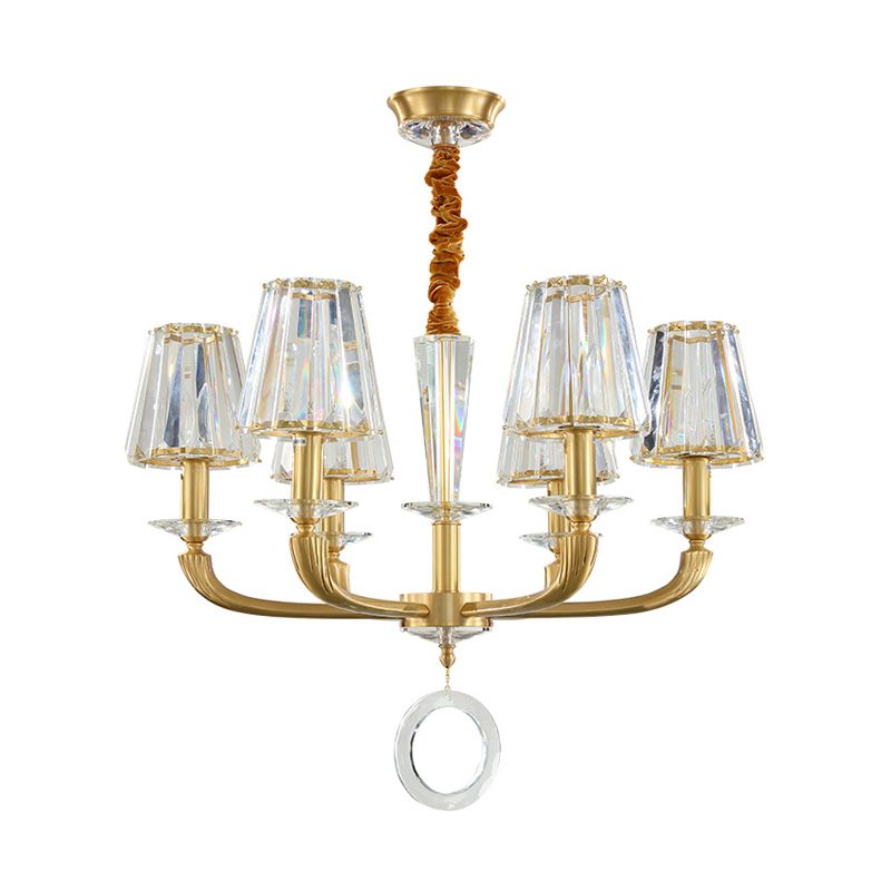 Clear Crystal Cone Shade Pendant Light Fixture Modern 6 Light Hanging Chandelier Light in Brass for Bedroom