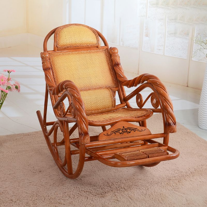 Vintage Recliner Chair Solid Wood Rattan Detail Indoor Rocking Chair