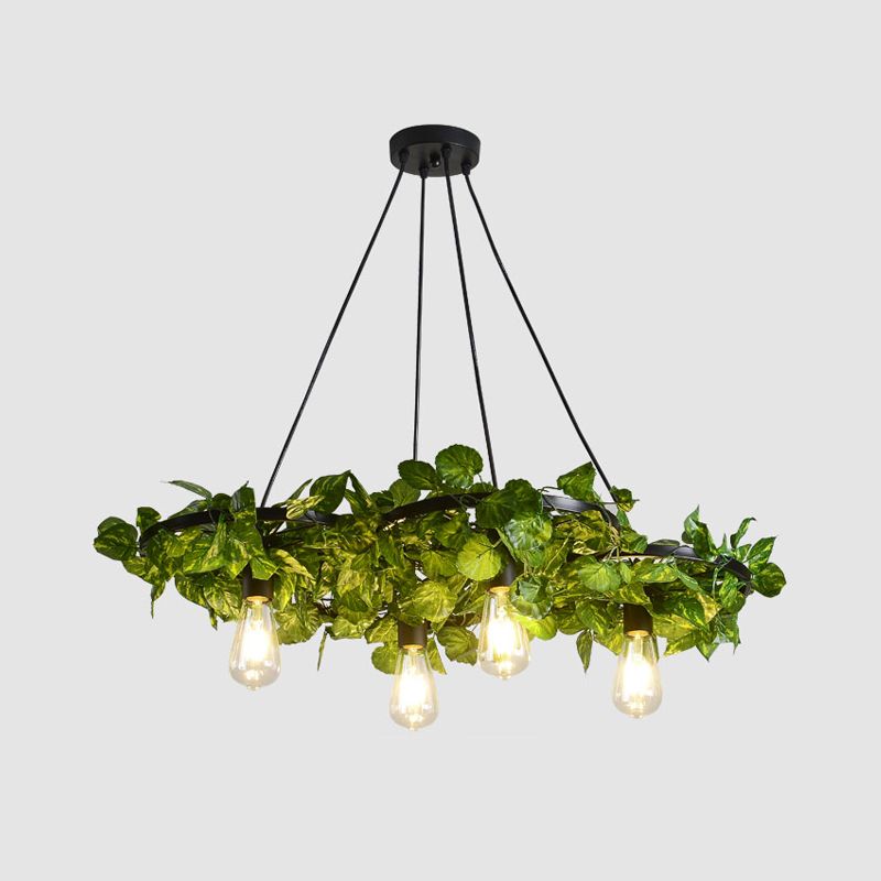 Green Chandelier Light Antique Iron Wagon Wheel Ceiling Lighting with Plant Decor for Restaurant