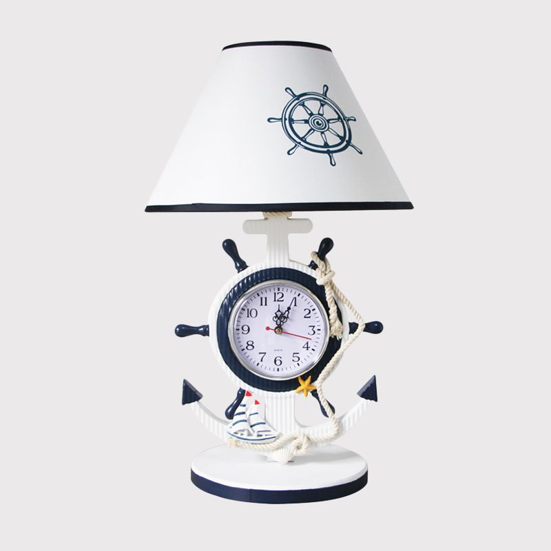 Rudder Base Table Lighting Children Style Resin Single Bulb Blue Shaded Night Stand Lamp with Clock Design