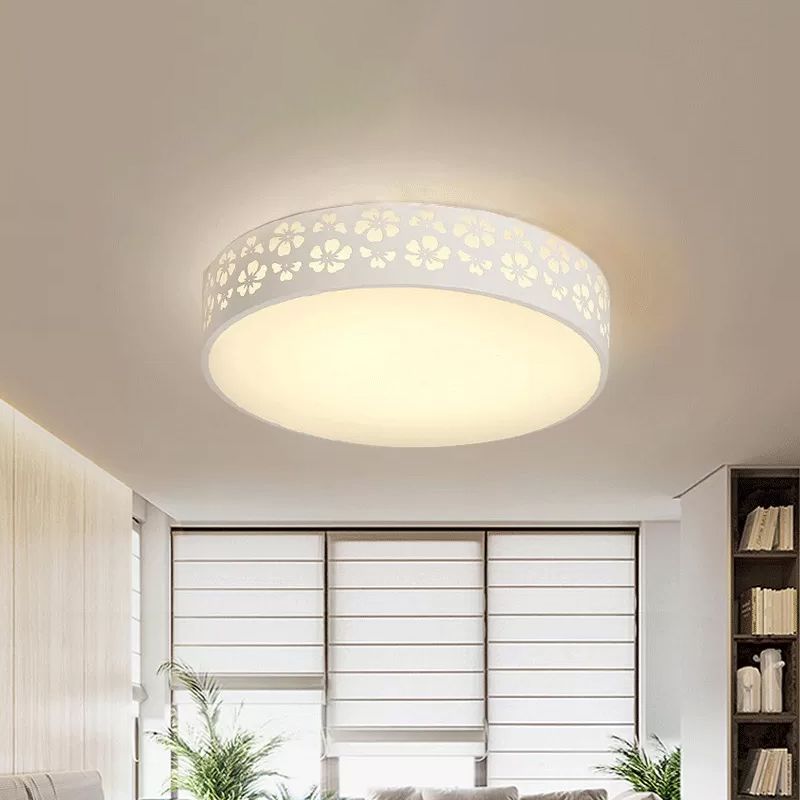 15"/19" Wide Drum Metal Ceiling Lamp Modern White LED Flush Mounted Light with Cutout Flower, White/3 Color Light