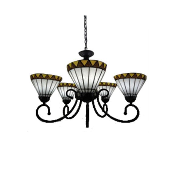 Coun Cone Shade Chandelier Tache-vitrail 5 lumières Lumière de lustre en blanc pour le salon