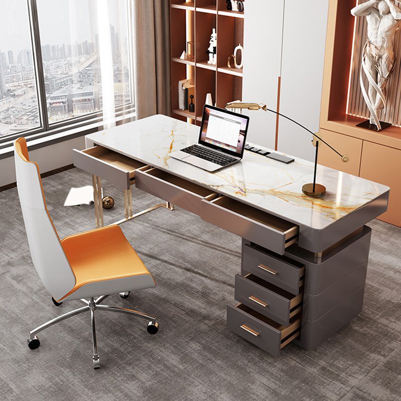 Grey Office Desk Mirrored Rectangular Drawers Storage Desk with Metal Leg