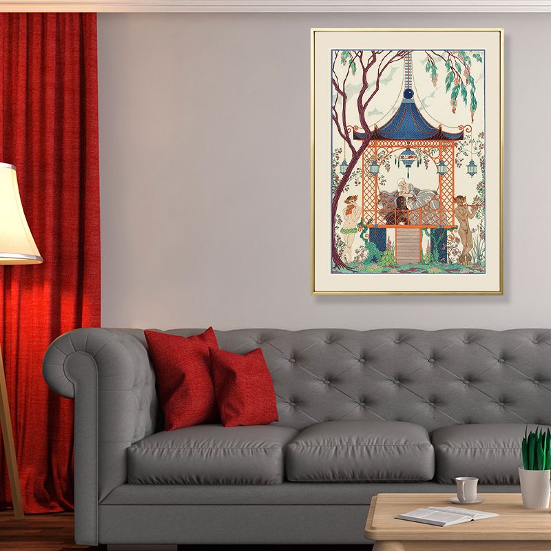 Asian Painting Print Pavilion Canvas Art Pastel Family Room Wall Decor, Textured