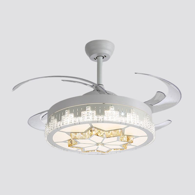 Nordic Round 4-Blade Semi Flush Light Fixture Crystal Living Room LED Hanging Fan Lamp in White, 19" Wide