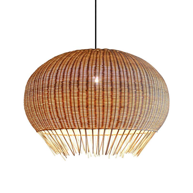 Sphere Dining Hall Hanging Pendant Bamboo 1 Bulb Asian Suspension Lighting with Fringe in Beige