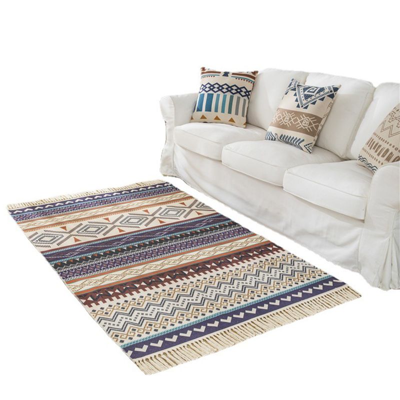 Colorful Americana Print Rug with Fringe Antique Cotton Blend Indoor Carpet Friendly Washable Carpet for Home Decoration