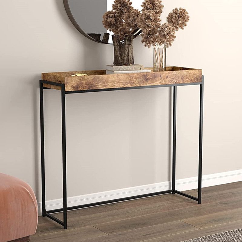 Mid-Century Modern Console Table with Brown Tray Top and Black Base Table