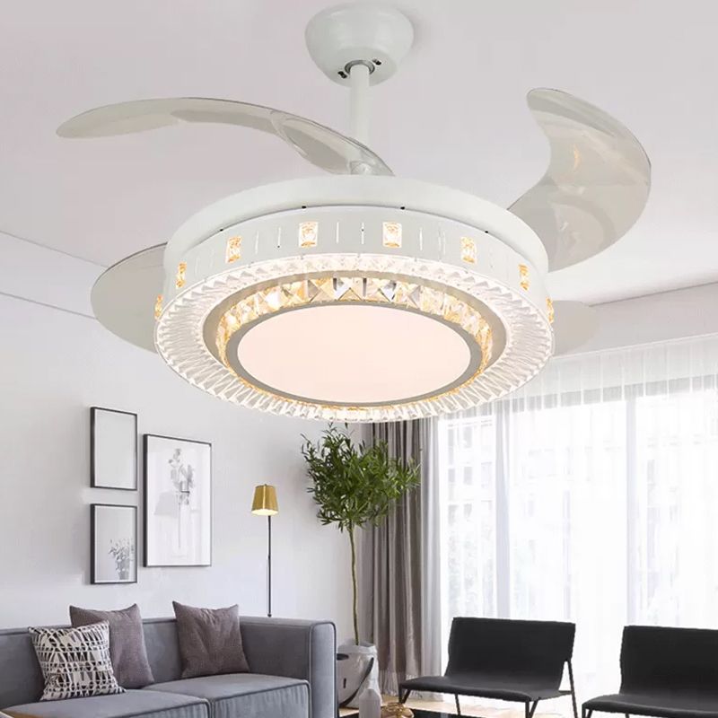 19" Wide White Layered Ceiling Fan Light Modernist LED Crystal Semi Flush Mount, 4 Blades