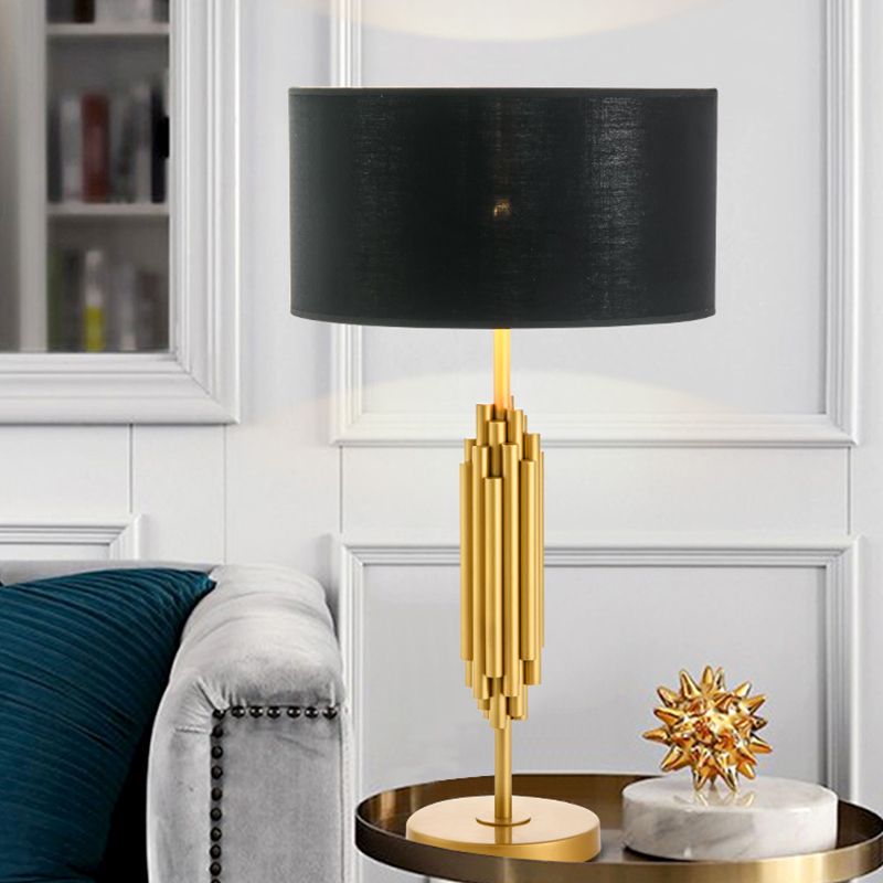 Contemporary Shaded Desk Light Fabric 1 Head Nightstand Lamp in Black with Gold Circular Metal Base