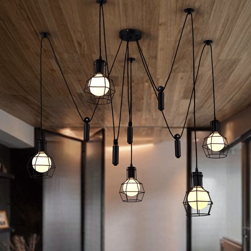 Multi-Light Pendant Industrial Cage Metal Ceiling Hang Light with Pulley in Black