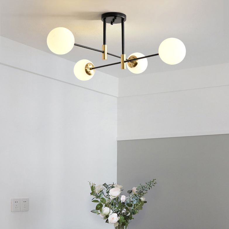 Opal Glass Shade Semi Flush Mount in industriale Luce a soffitto radiale in metallo in metallo in nero e oro