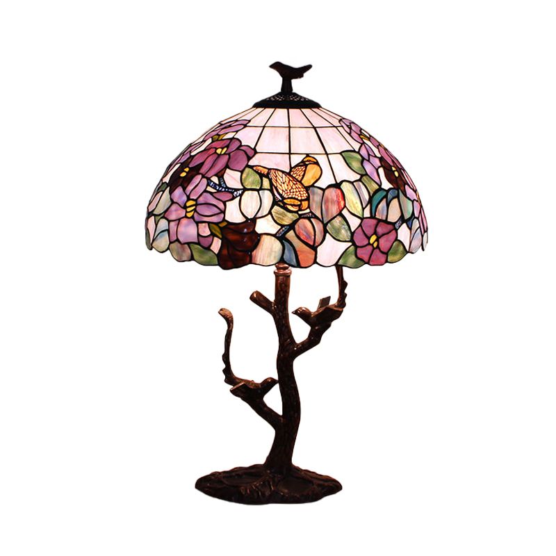 1 Bulb Bedroom Night Lamp Tiffany Coffee Flower Patterned Table Lighting with Bowl Hand Cut Glass Shade