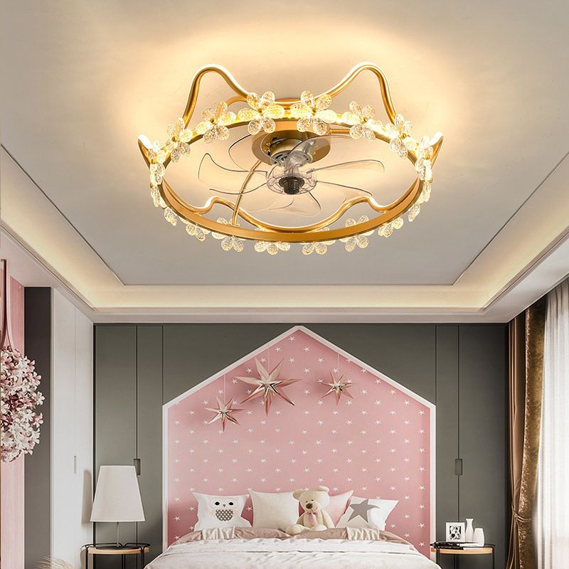 Crystal Crown LED Fan Light Children Style Semi Flush Mount Light Fixture for Bedroom