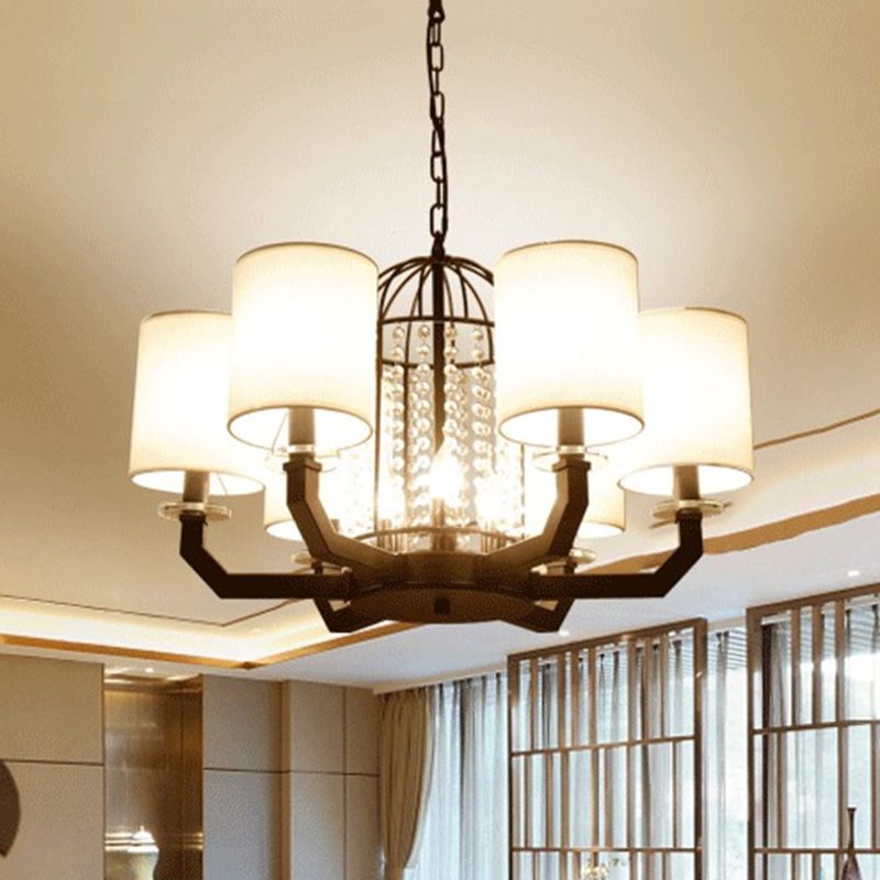 Minimalist Drum Crystal Chandelier Lighting 9/12 Lights Hanging Pendant with White Fabric Shade