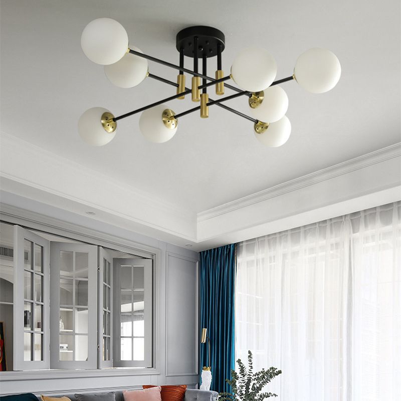 Opal Glass Shade Semi Flush Mount in industriale Luce a soffitto radiale in metallo in metallo in nero e oro