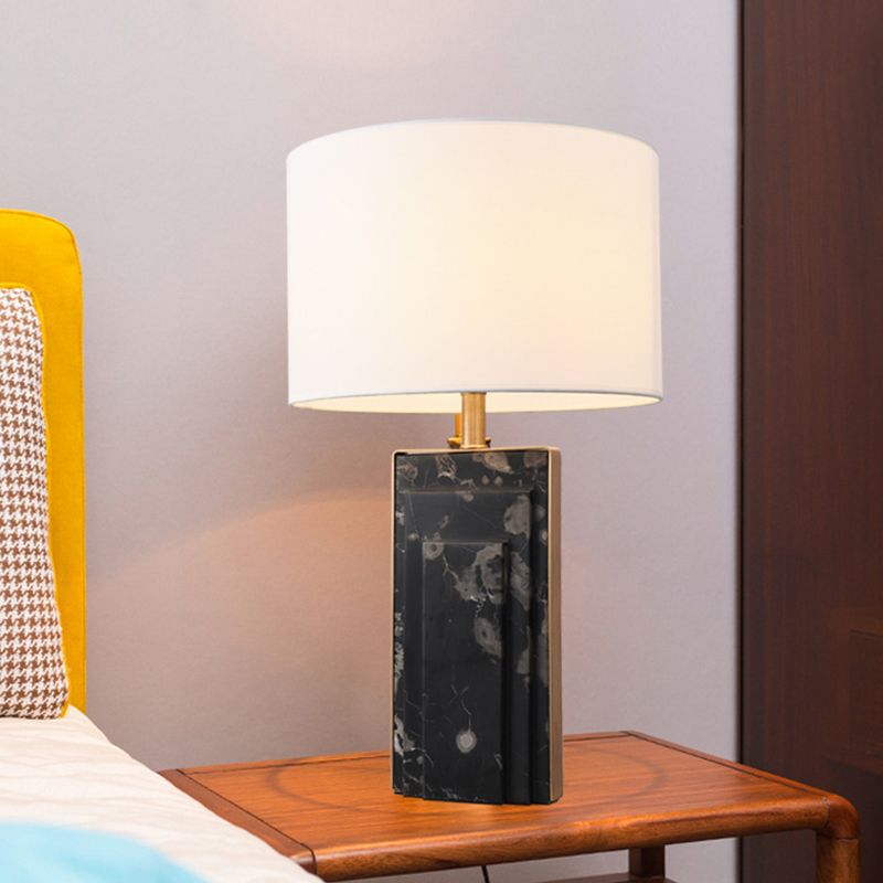 Minimalist Cylindrical Night Lamp Fabric Single Bedside Table Light with Marble Stand in Black/White/Ivory