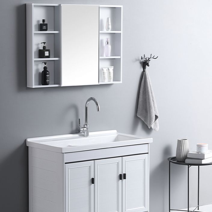 Rectangular White Vanity Freestanding Mirror Metal Frame Vanity with Soft Close Doors