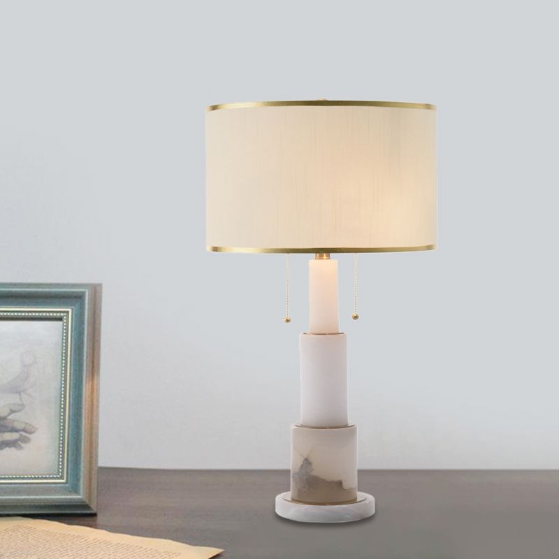 White Cylinder Desk Light Modern 2 Heads Fabric Night Table Lamp with Pull Chain