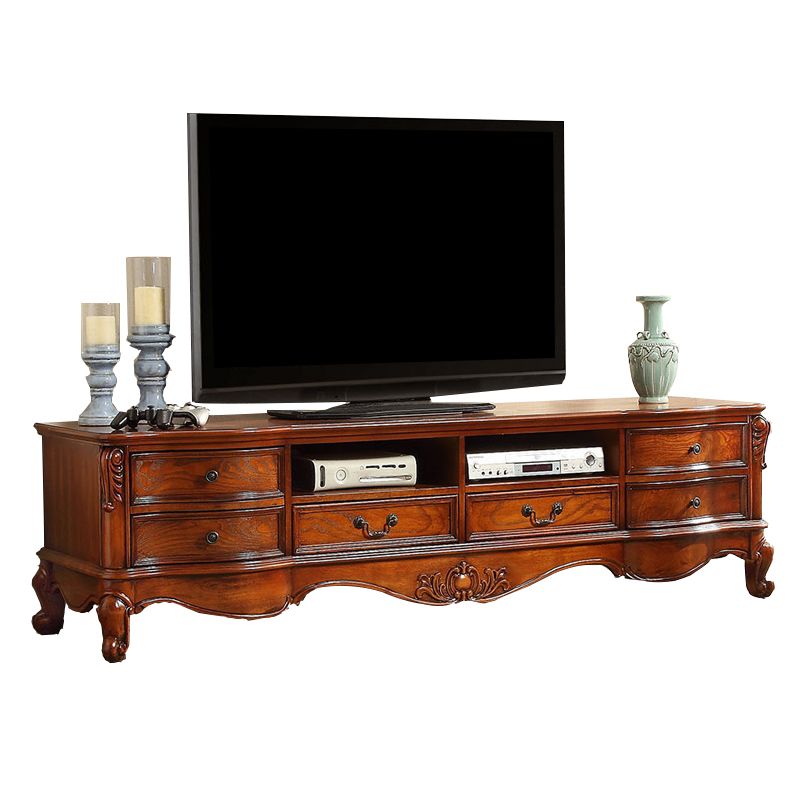 Brown Wooden TV Stand Console Traditional Style Home TV Cabinet with Drawers