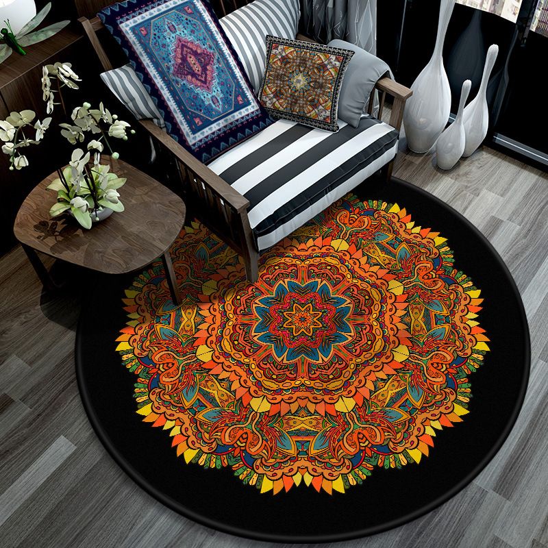 Retro Mandala Indoor Rug Dark Color Moroccan Carpet Polypropylene Non-Slip Pet Friendly Washable Rug for Sitting Room