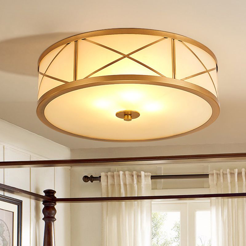 Frosted White Glass Flush Light Colonial Brass Drum Shaped Bedroom Ceiling Light