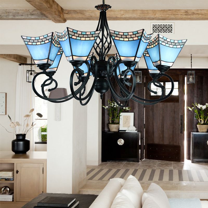 Nautical Blue Chandelier with Pyramid Shade Stained Glass Multi Glass Living Room Lighting