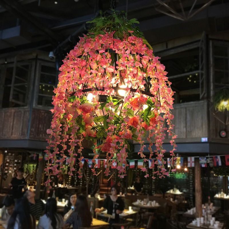 Pink Floral Chandelier Pendant Light Industrial Metal 3 Heads Restaurant LED Hanging Lamp