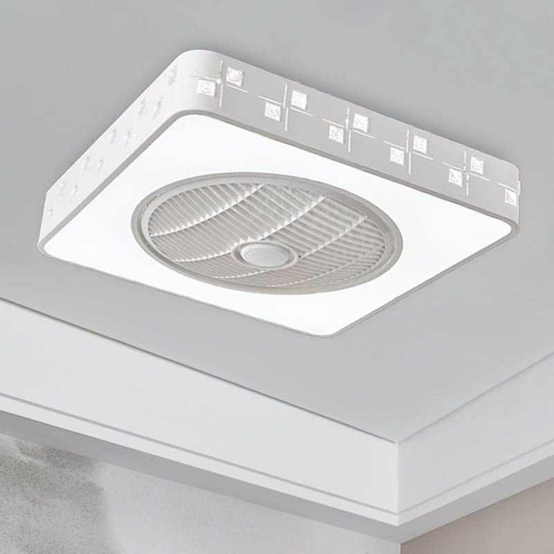 LED Drum/Box Fan Light Minimalist Carved Crystal Invisible Blade Ceiling Flush Lamp in White