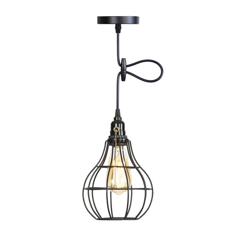 Vintage Industrial Style Metal Cage Hanging Light with Pulled Chain Switch Design Single Bulb Coffee Shop Pendant Lamp