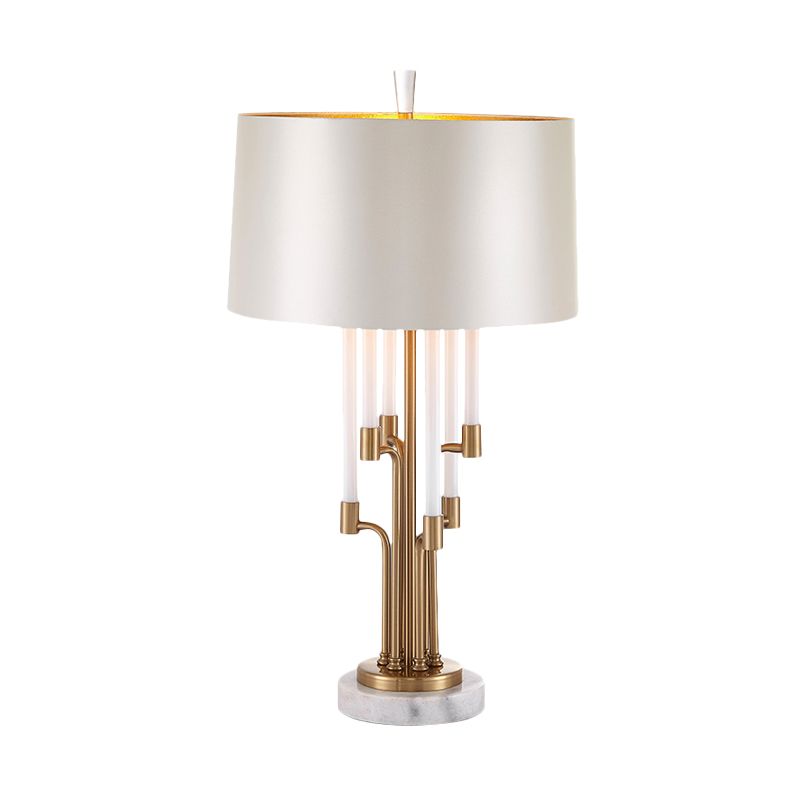 Traditional Drum Table Light 1 Light Fabric Nightstand Lighting in Inner Gold with Flute Crystal Deco