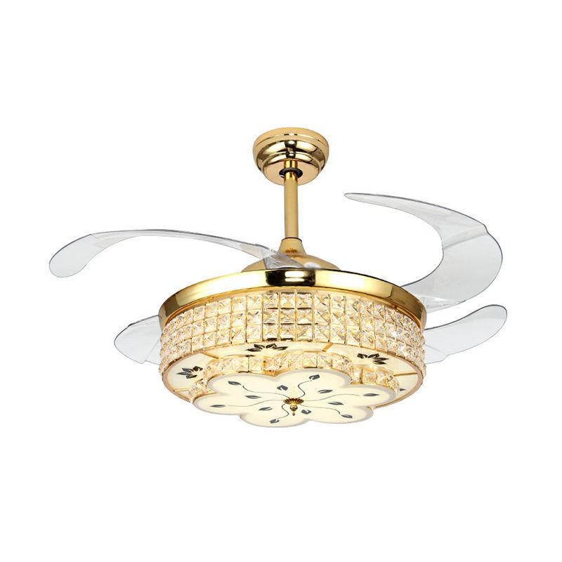 Floral Crystal Embedded Ceiling Fan Lamp Modern Gold Finish LED Semi Flush Light with 4 Clear Blades