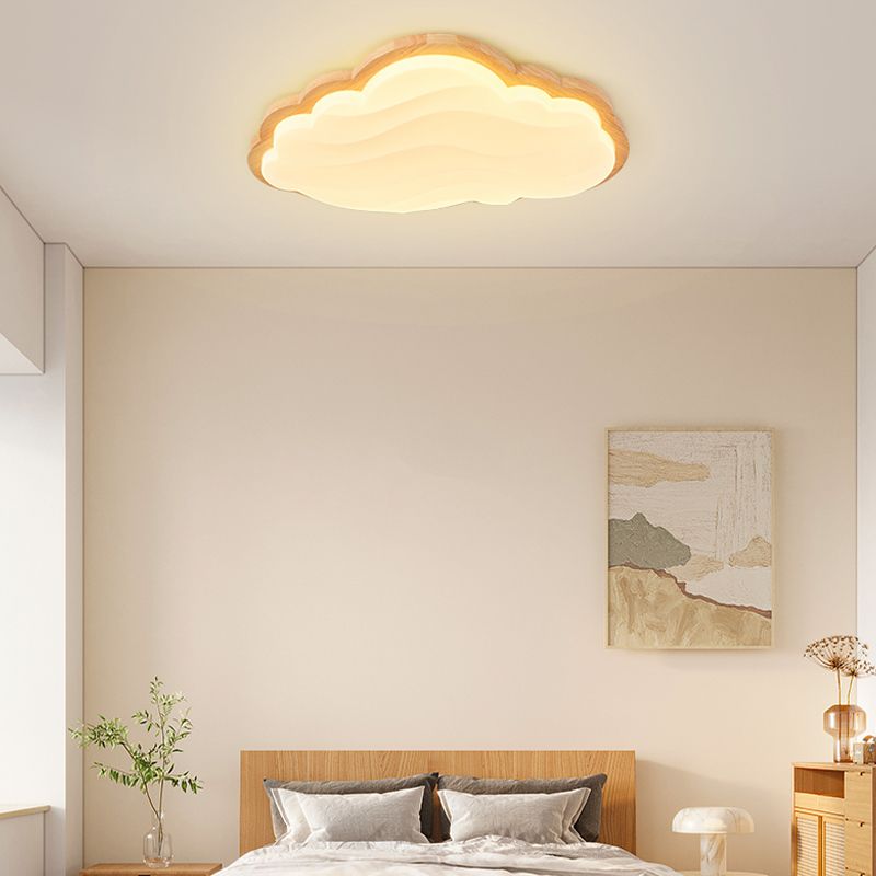 LED Modern Wood Flush Mount Cloud Shape Ceiling Light with Plastic Shade for Living Room