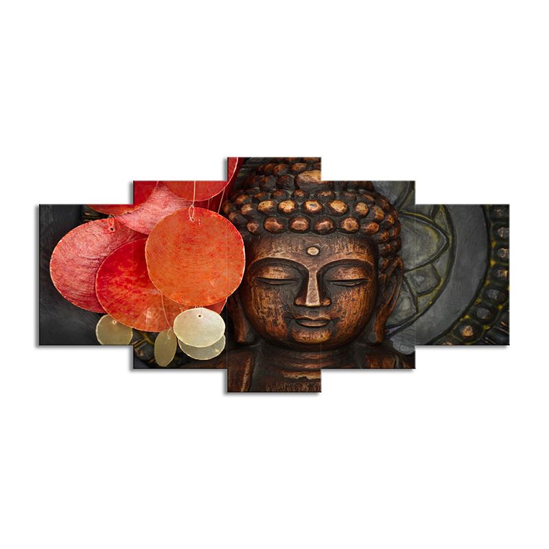 Red Buddhist Sculpture Canvas Art Religion Modern Multi-Piece Wall Decor for Parlor