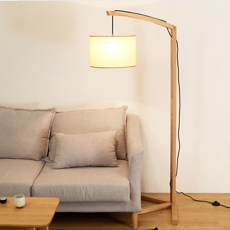 Cylinder Fabric Reading Floor Lamp Modern 1 Bulb Wood Floor Light with Bow Pole and Three-Foot Stand