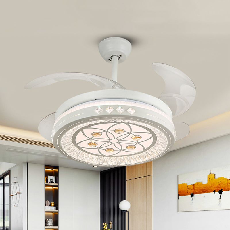 Simple 19" Wide LED Semi Flush Ceiling Light White Round Pendant Fan Lamp with Acrylic Shade, 4 Blades