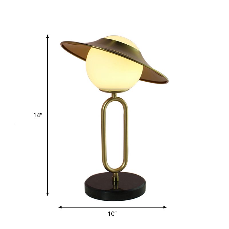 Metal Hat Desk Light Cartoon 1 Light Table Lamp with Cream Glass Shade and Marble Base in Brass