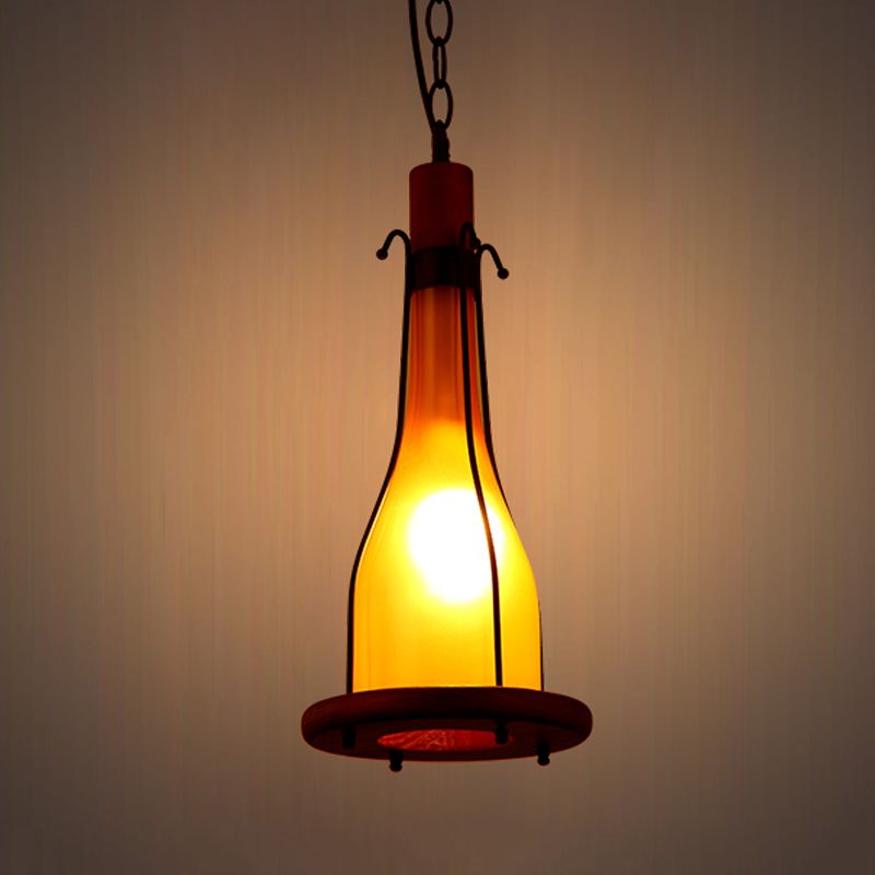 Brown 1 Head Ceiling Pendant Warehouse Yellow Glass Bottle Hanging Light Kit with Wood Tray Design