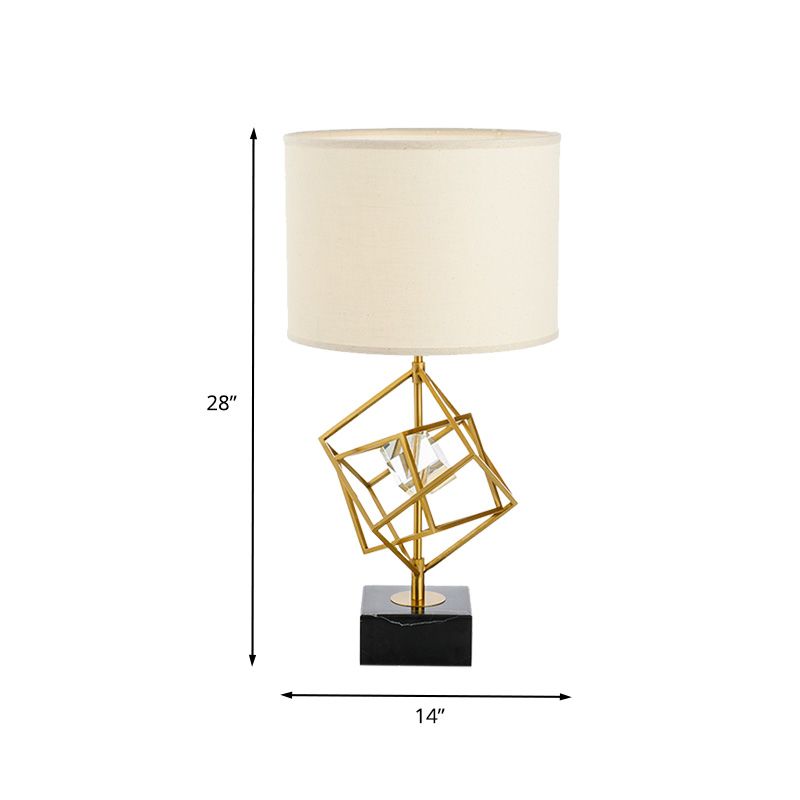 Drum Task Lamp Modern Fabric 1 Head Gold Reading Light with Rectangle Black Marble Base