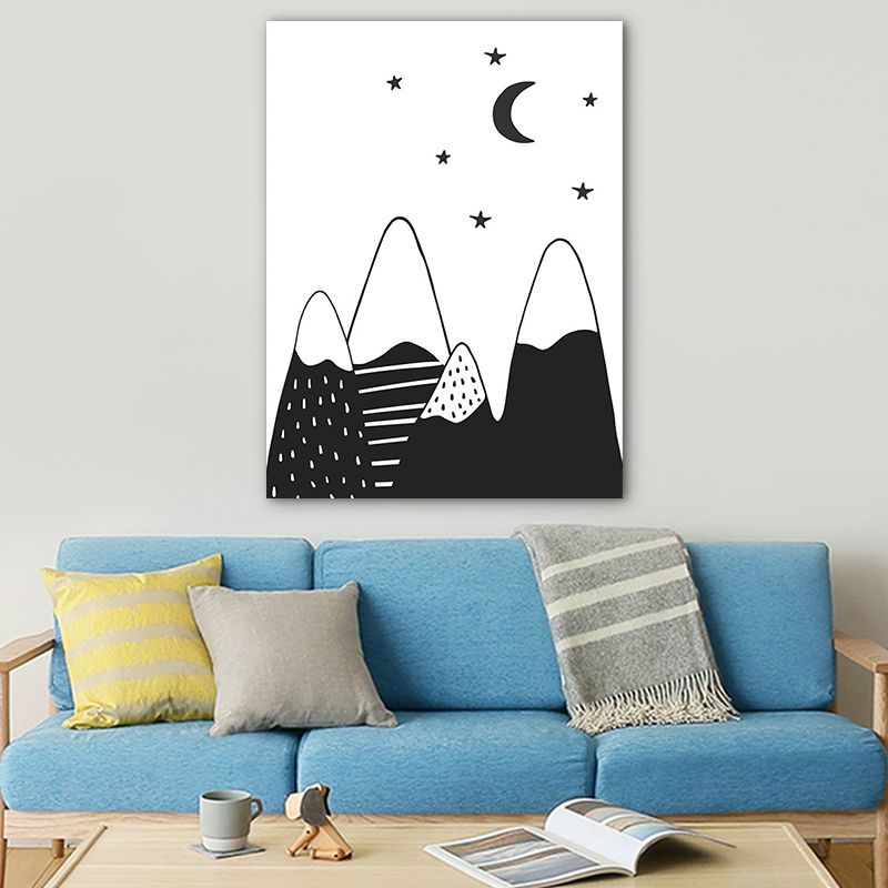 Mounts at Night Wall Art Print Nordic Textured Family Room Canvas in Black on White