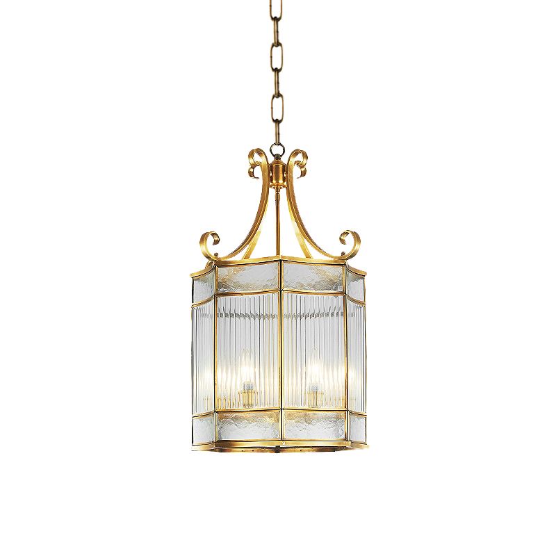 22 "/ 23" H 4 Bulbes Cylindre suspendu Colonial Gold Prismatic Prismatic Glass Chandelier Lightture pour le salon