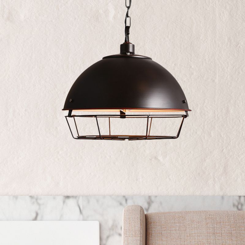 Iron Dome Hanging Lamp Farmhouse 1 Bulb Dining Room Pendant Lighting in Black/Rust/Silver with Cage