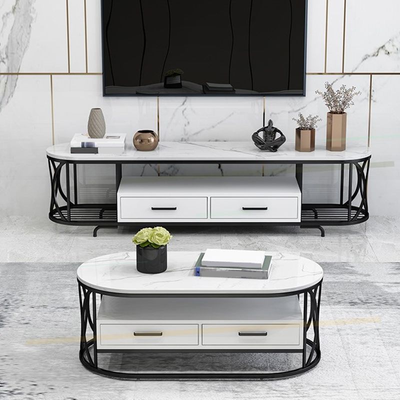 Glam Stone TV Media Stand Open Shelving TV Stand Console with Drawers