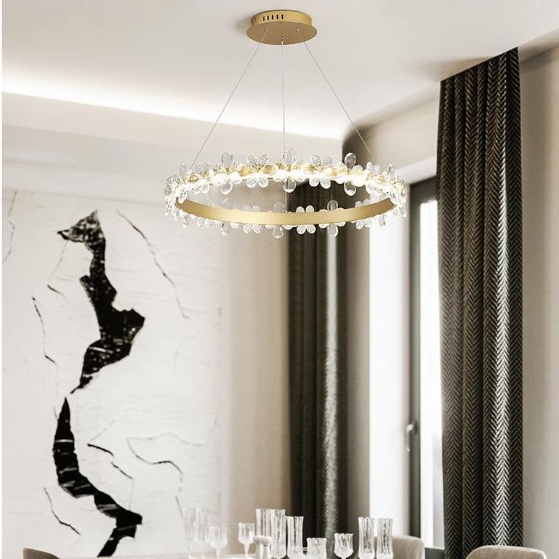 Round Chandelier Lamp Modern Crystal 19.5"/27.5" Wide LED Gold/Coffee Pendant Light Fixture in Warm/White Light