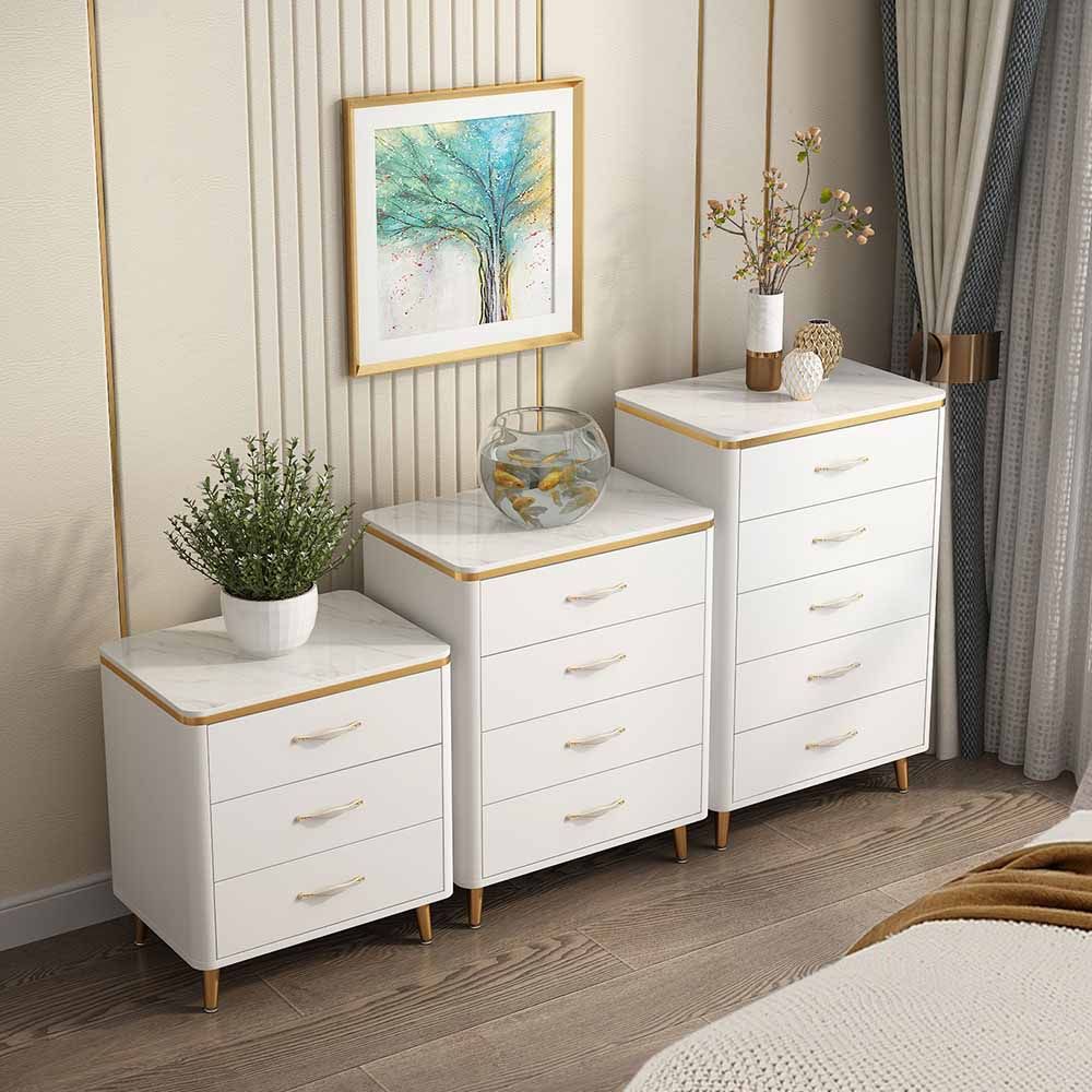 Classic Glam Stone Top Dresser White Storage Chest with Drawer for Bedroom