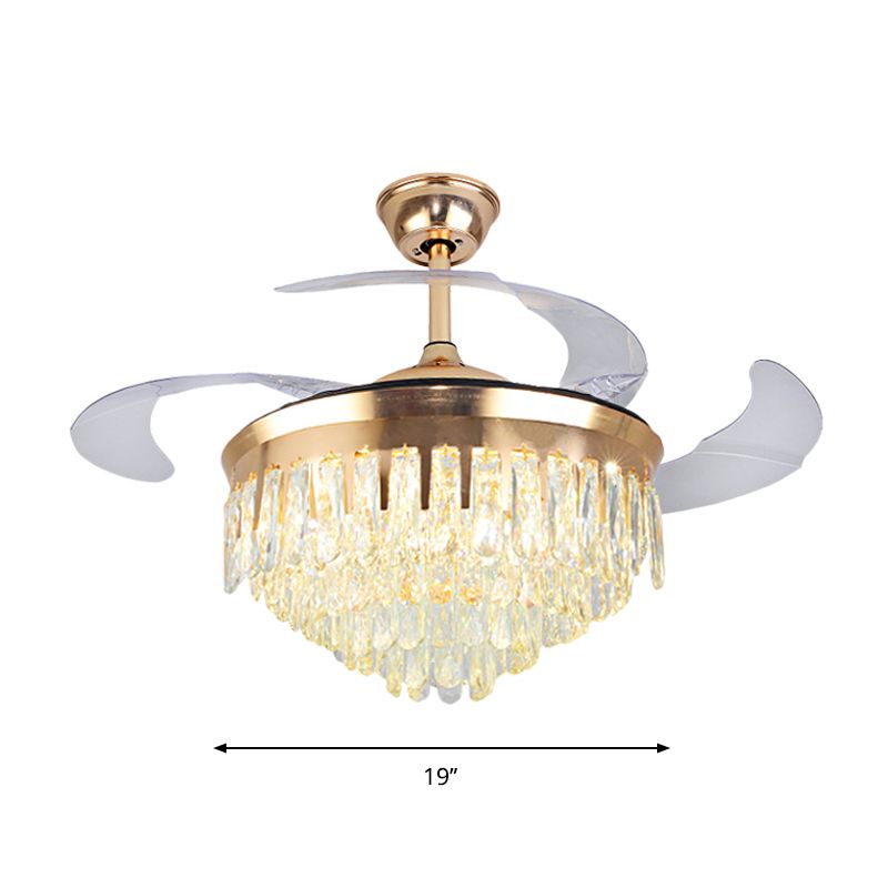 Cascading Ceiling Fan Lighting Simple Crystal Rectangle Great Room 19" W LED Semi Flush in Gold with 4-Blade